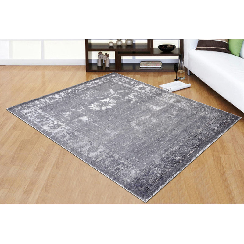 Oriental Hand-Knotted Wool/Silk Gray/White Area Rug, Rectangle 5' x 8'