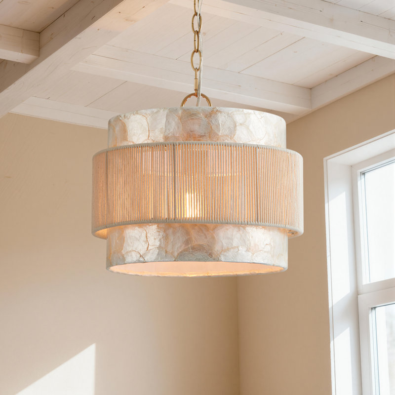 Costal Adjustable Seashell Pendant Light With Cotton Rope Shade, 52.5" H x 14.25" W x 14.25" D