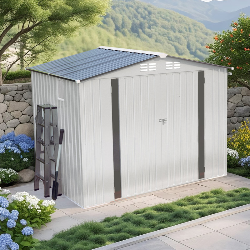 Metal Outdoor Shed, 8X6 Ft, Pitched Roof, Waterproof, One Window, Two Lockable Doors, White + Gray, With Skylight For Natural Garden Storage Ventilation Holes At Bottom