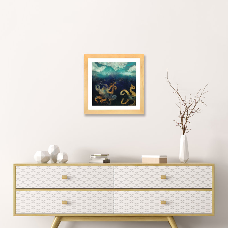 Underwater Dream II - impression d'art graphique, Papier avec cadre beige, H 16 po x l 16 po x p 1 po, Blanc