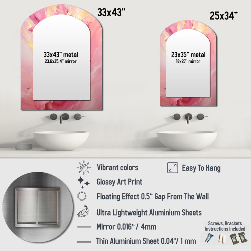 Pink Radiant Dusk Dream II - Abstract Collages Arch Unique Wall Mirror Decor, Pink Asymmetrical Large Mirror, Printed Metal Art