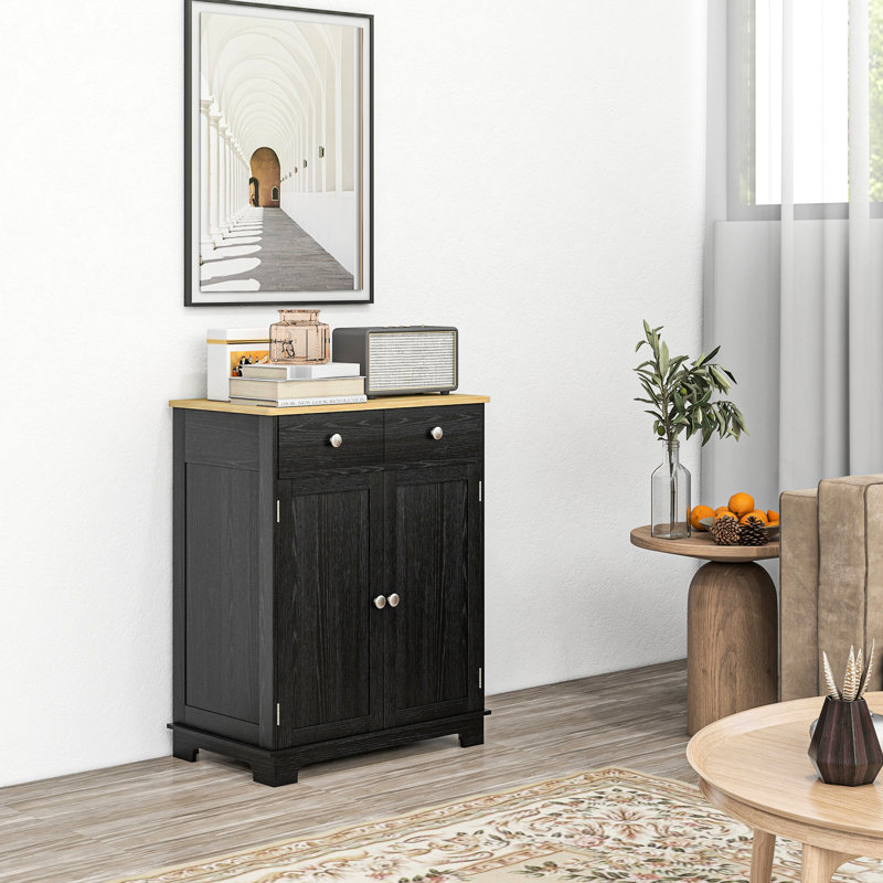 Distressed Black Sideboard Storage Cabinet - Solid Wood Countertop, 2 Drawers, Doors, Adjustable Shelf For Gym Kitchen Home