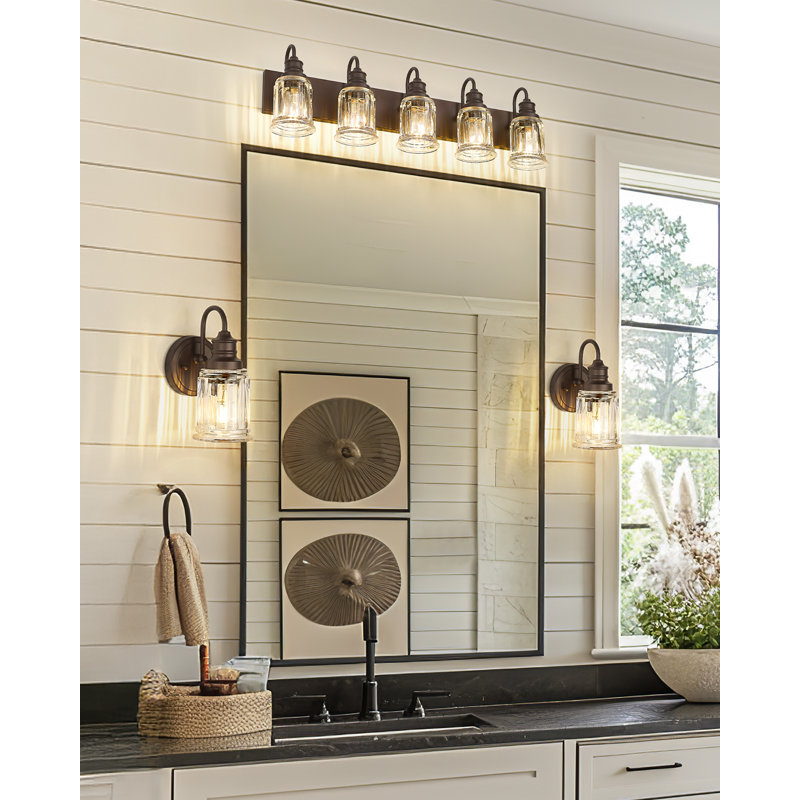 Éclairage pour salle de bain 5 lumières, verre cannelé en forme de cloche, bronze huilé, Bronze frotté à l'huile, 5 lumières 