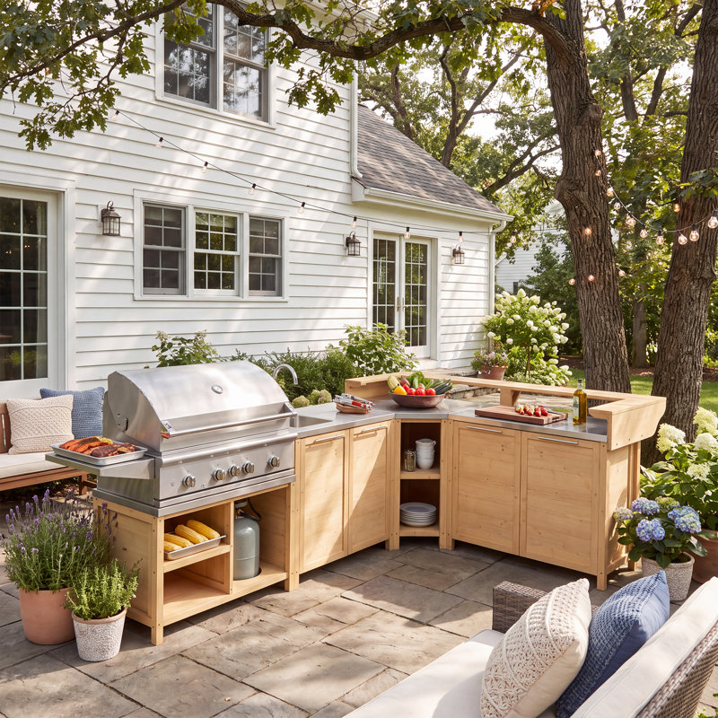 Ensemble de cuisine extérieure 5 pièces en cèdre naturel avec évier, barbecue, rangement et bar, Brun