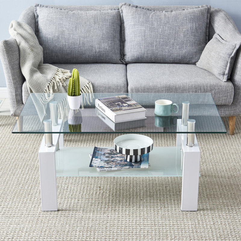 Table basse à 4 pieds avec rangement Alla, H 16,93 po x L 39,37 po x l 23,62 po, Transparent, Blanc