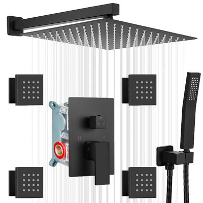 Ensemble de douche à jets de pluie 12 po avec 4 jets pour tout le corps, ensemble de robinets de douche à pluie haute pression muraux combinés avec douchette à main 2 en 1 pour salle de bain, noir mat