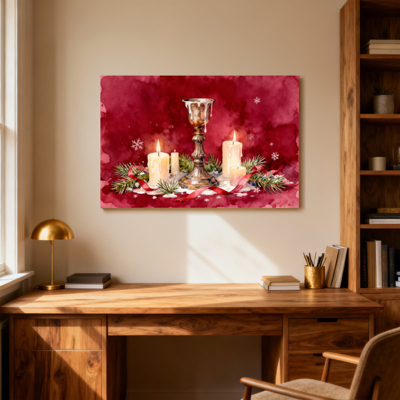Bougies de Noël et branches de pin sur fond rouge, H 12 po x l 18 po