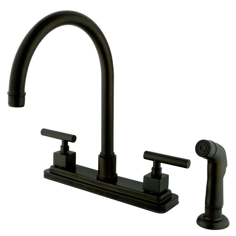 Kingston Brass Claremont Two-Handle 8" Centerset Kitchen Faucet, Polished Brass, With Side Spray