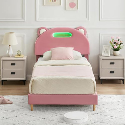 Lit plateforme double pour enfant, recouvert de velours – Tête de lit DEL, lattes robustes et silencieuses, montage facile, sans sommier, rose, taille simple