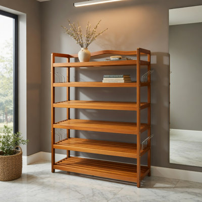 5-Tier Acacia Wood Shoe Rack with Metal Hooks – Heavy-Duty 12–18 Pair Storage Organizer for Entryway, Bedroom & Bathroom