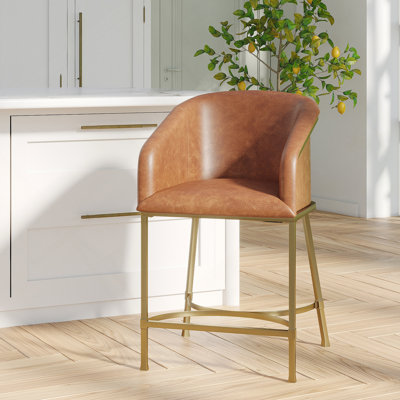 Tabouret de comptoir moderne de 26 po, similicuir brun tabac et structure en acier doré, 1 pièce