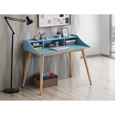 Mid-century Modern Writing Desk With Blue Shelves - Table Top & Solid Rubber Wood Legs 4 Open For Decor And Storage Rounded 43.3"w X 24.5"d 36.8"h Tabletop Legs, Shelves,