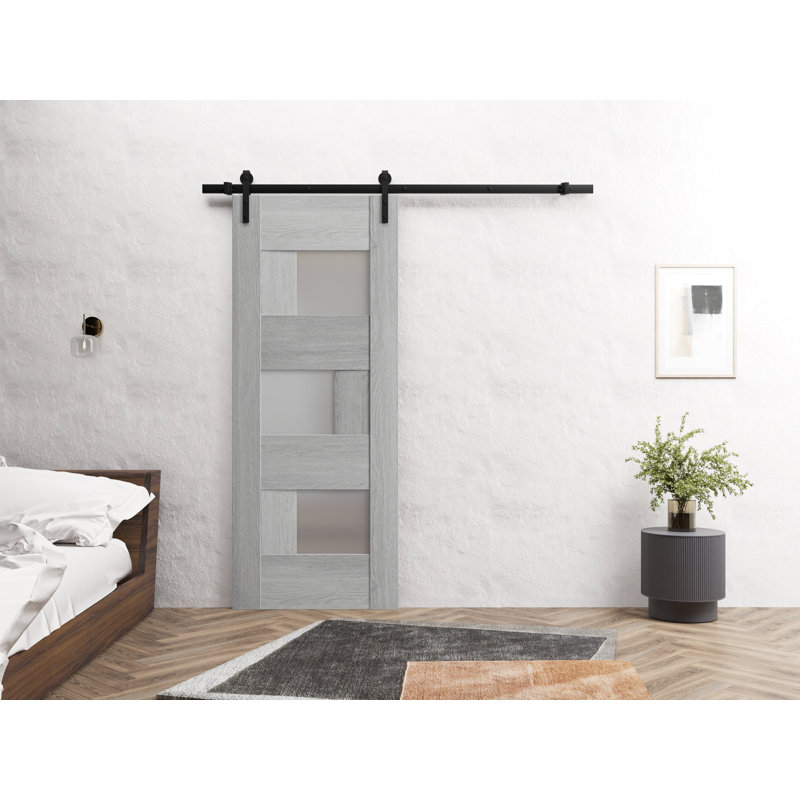 Porte de grange robuste en chêne gris clair avec crochets de rail en verre givré Sete, 32 po x 80 po