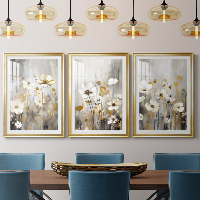 FLORAL Series CDXIX - Impression sur mesure encadrée de qualité supérieure - 3 pièces, H 21 po x l 30 po, Doré
