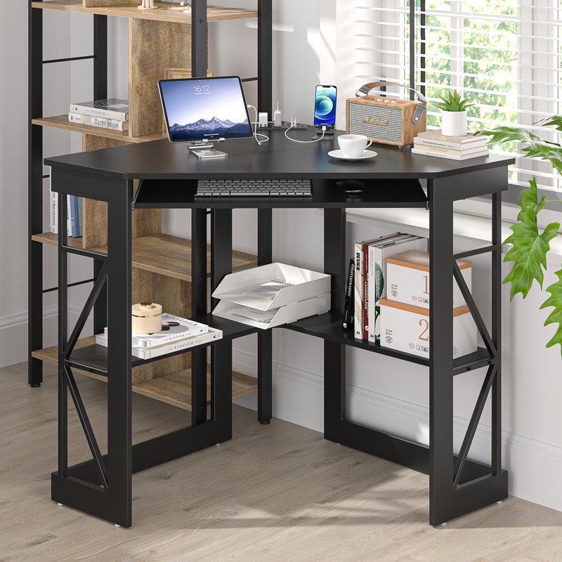 Lambrecht Corner Desk With Outlets & USB Ports, Triangle Computer Desk With Charging Station, Storage Shelf, Space Saving Writing Desk For Small Space