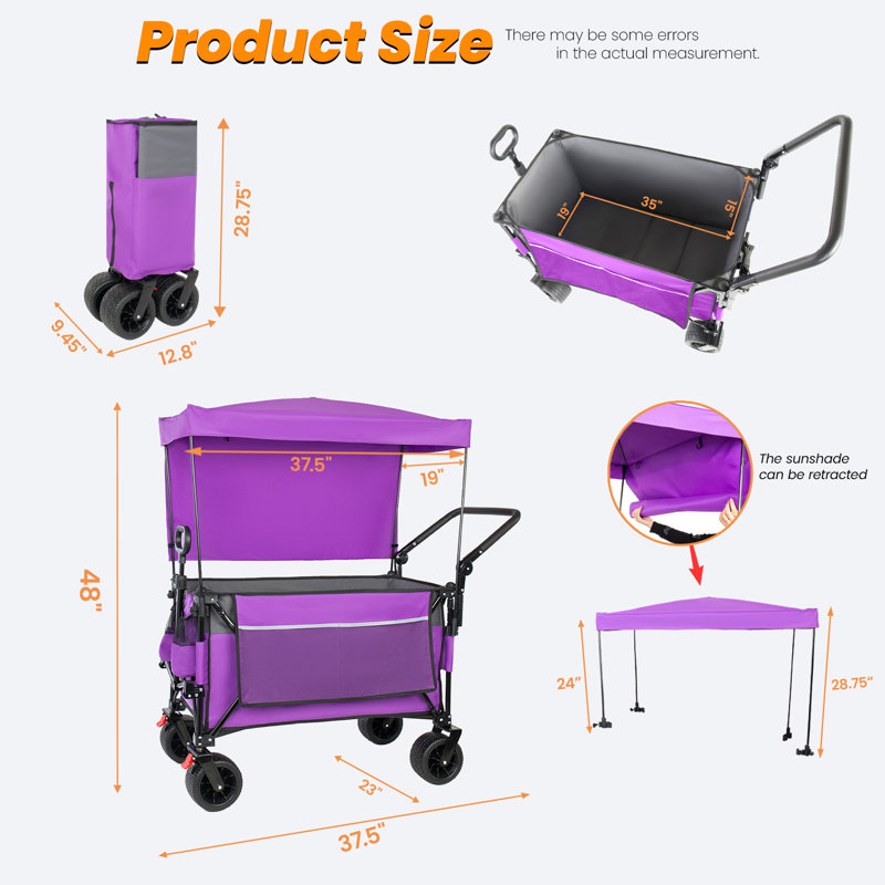Chariot utilitaire pliable avec auvent amovible, chariot d'extérieur robuste d'une capacité de 480 lb, Mauve