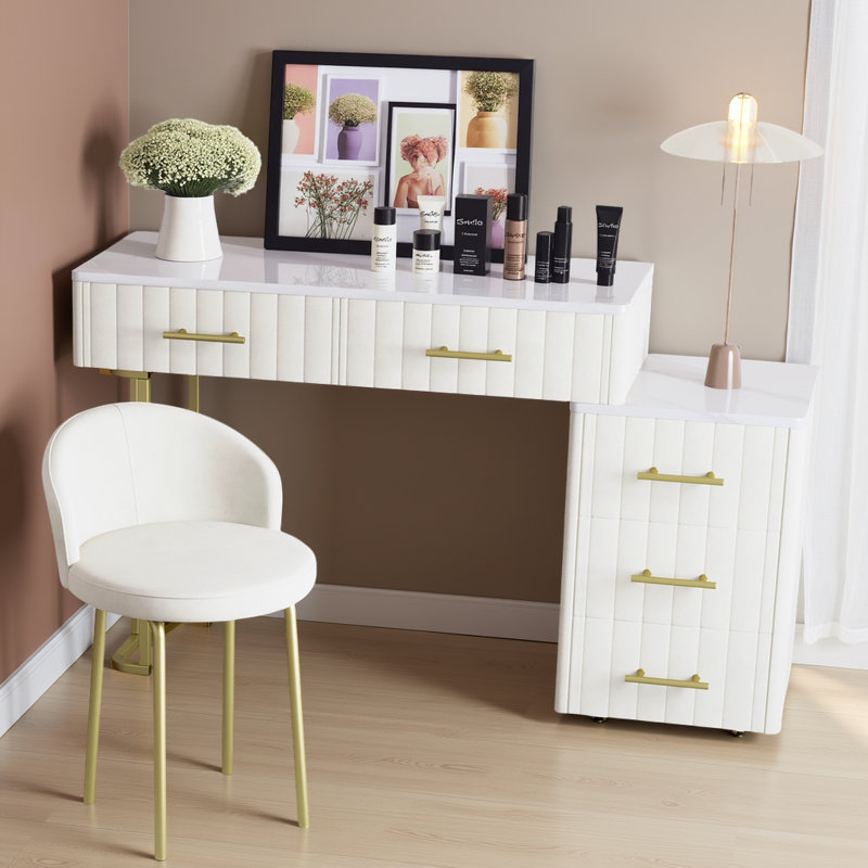 Makeup Vanity Desk Set With 5 Drawers And Chair, White/Beige