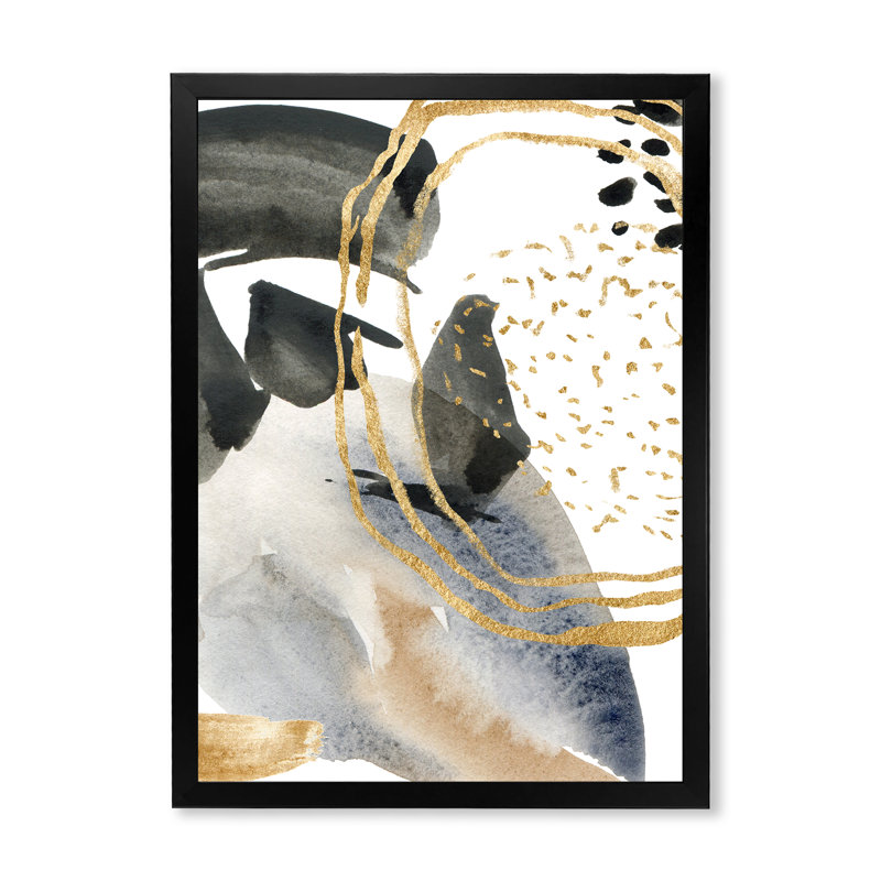 Abstrait pastel avec taches bleues, noires, beiges et dorées - peinture sur toile à cadre flottant, Toile encadrée noire