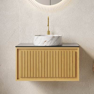 Heitzman 30" Striped Solid Wood Bathroom Vanity With Sink, Modern Wall-mounted Floating Plywood Bathroom Storage Cabinet With Drawer, Black Sintered Stone Countertop And White Round Ceramic Basin, Pre-assembled, Corolla Oak