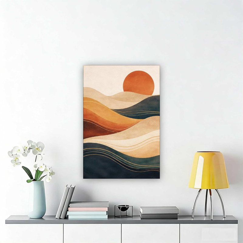 Toile abstraite orange moderne, soleil et vagues qui coule - 12 x 18