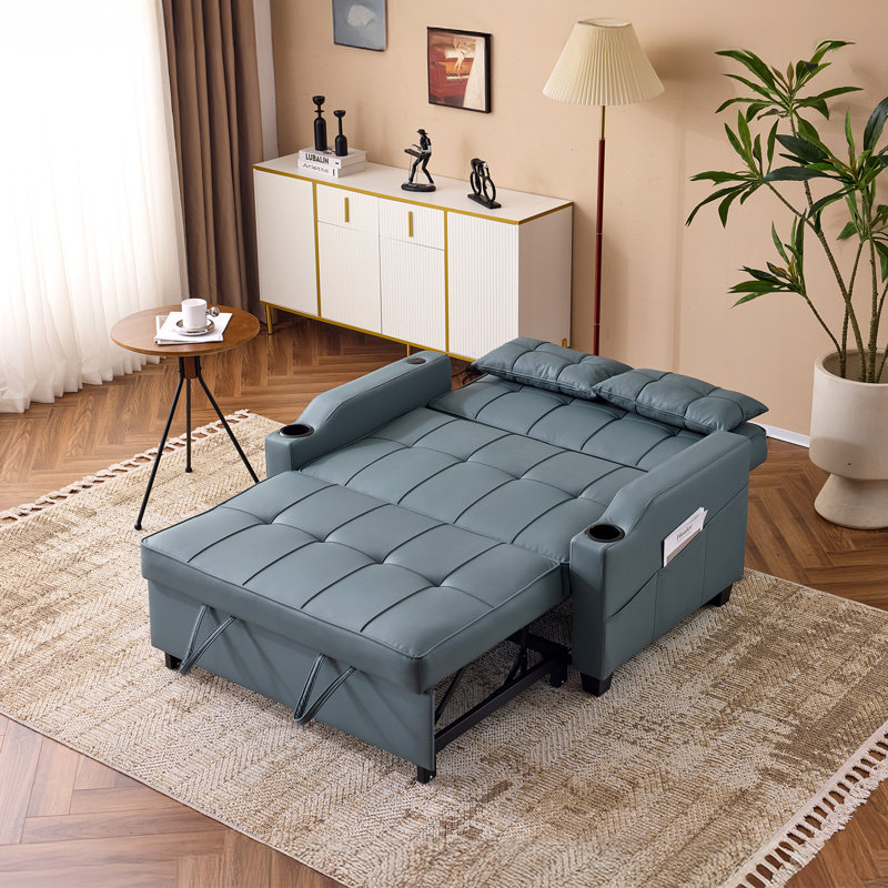 Upholstered Convertible Twin Size Loveseat Recliner Sleeper Couch Pull Out Sofa Sofa Bed For Small Spaces, Blue