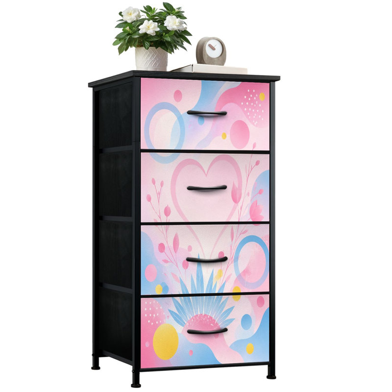 Commode 4 tiroirs à rangement vertical à motif floral rose pastel avec plateau en bois