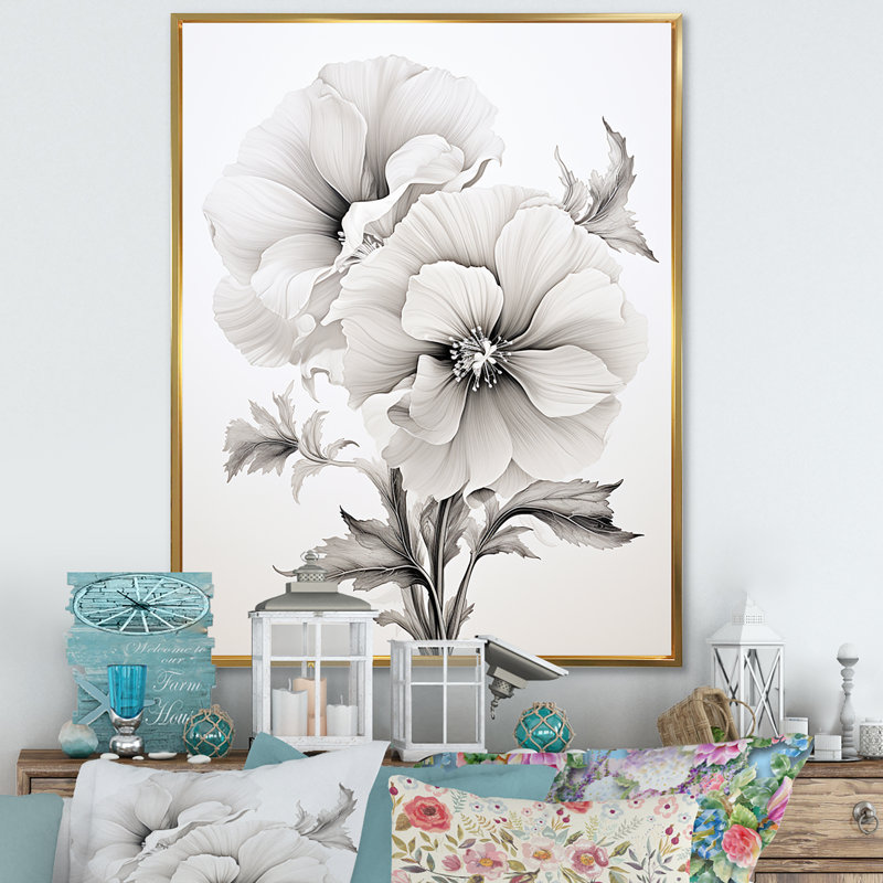 «Gray Timeless Minimalisme Hibiscus», reproduction sur toile, Cadre flottant doré, H 32 po x l 16 po x P 1 po
