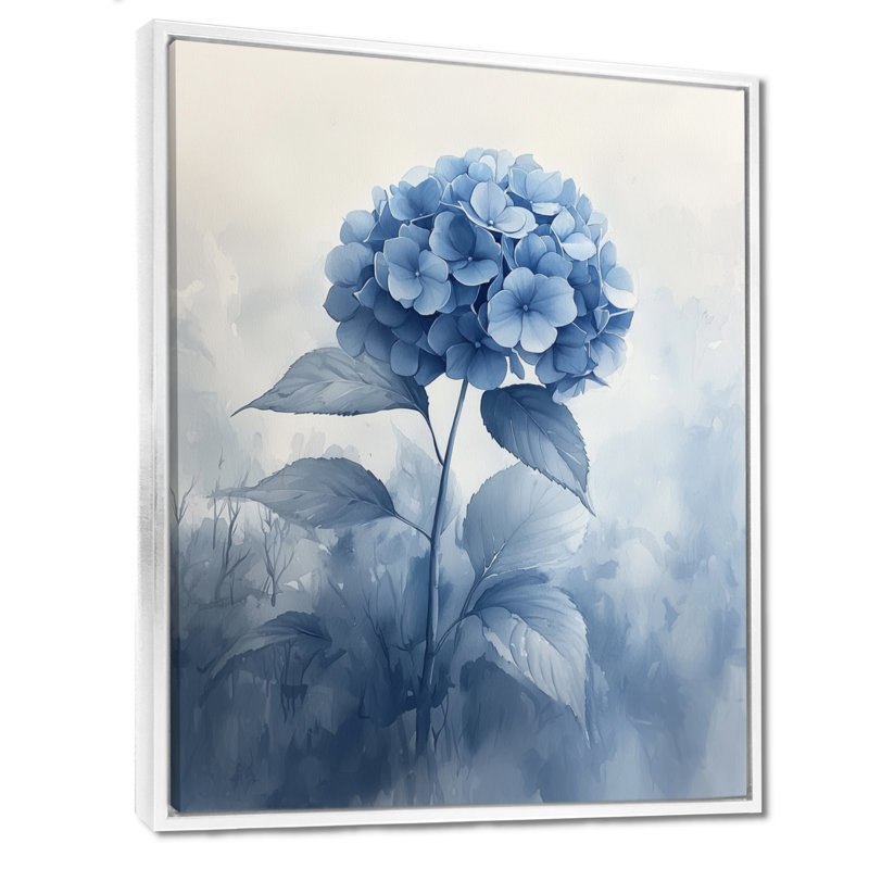 «Blue Hydrangeas In The Mist Dream II», art mural hydrangées, Impression encadrée flottante, H 44 po x l 34 po, Blanc