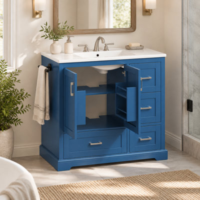 Meuble-lavabo bleu marine de 107 cm (42,21 pouces) avec lavabo en céramique, meuble autoportant avec tiroirs et étagères, portes à fermeture amortie, MDF