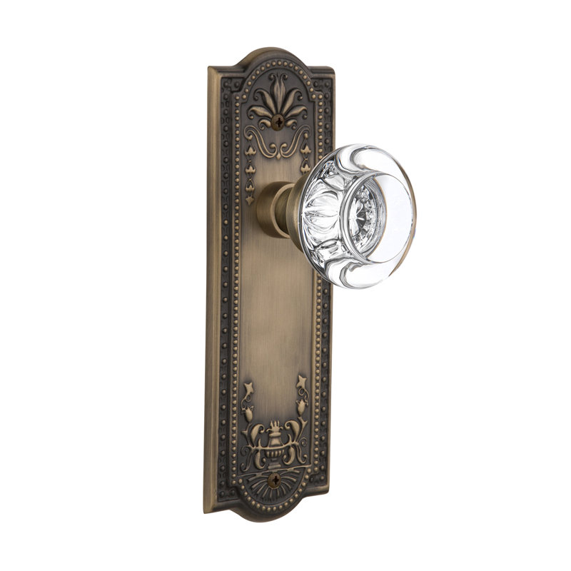 Meadows Plate with Round Clear Crystal Door Knob, Antique Brass