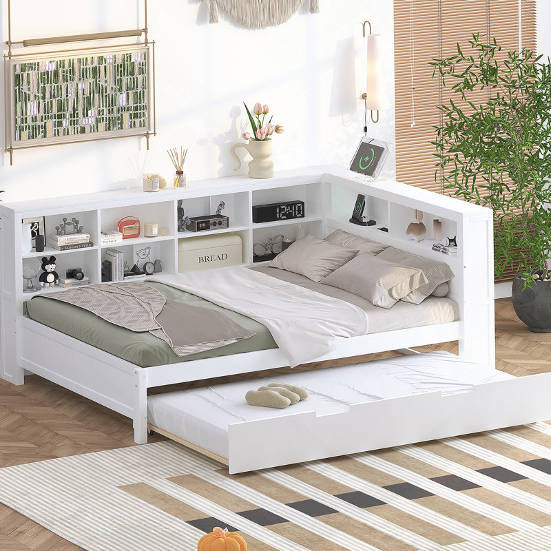 Lit de jour en bois double avec lit gigogne simple, lit de jour avec tablette de rangement et ports de chargement USB, blanc