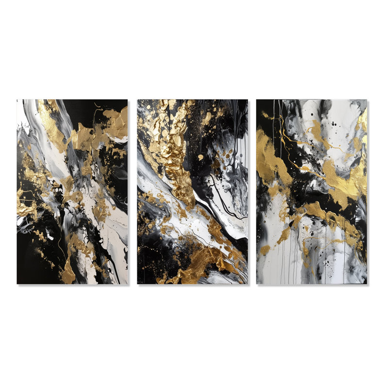 River Happiness, art mural doré noir et blanc abstrait - River Happiness, or noir et blanc, Toile tendue, H 32 po x l 48 po