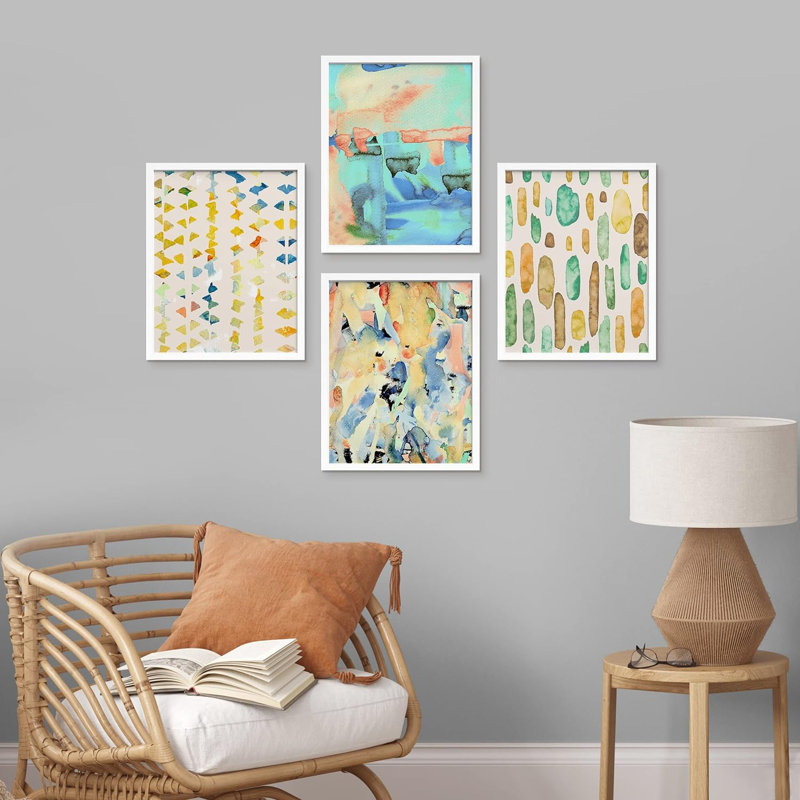 Ensemble de 4 reproductions murales abstraites géométriques encadrées sur papier de style Mid-Century pastel, Blanc