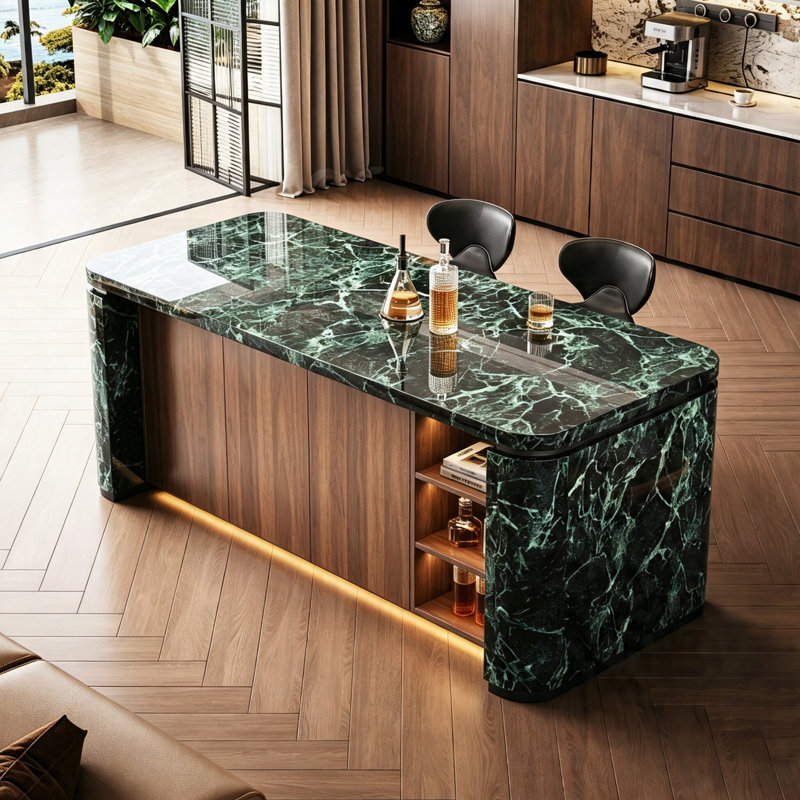 Îlot de cuisine avec plateau en marbre, armoires de rangement, tablettes ouvertes et éclairage à DEL, table de salle à manger, bar à déjeuner, bar personnel, aucun assemblage requis