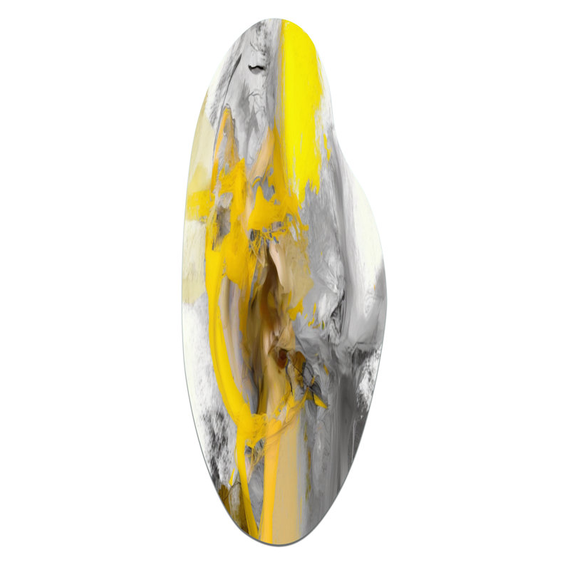 Moutarde jaune et gris vif I - art abstrait asymétrique en métal incurvé, H 30 po x l 11 po