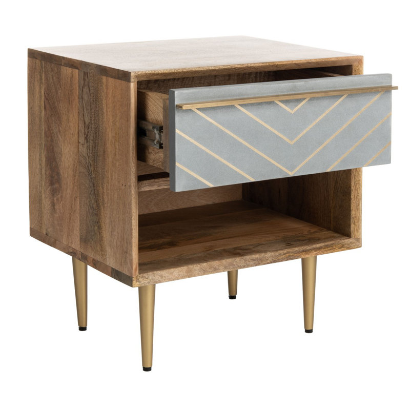 Elegant Leni 18'' W Nightstand – Stylish Modern Wood Bedside with Brass Legs & Unique Drawer Design