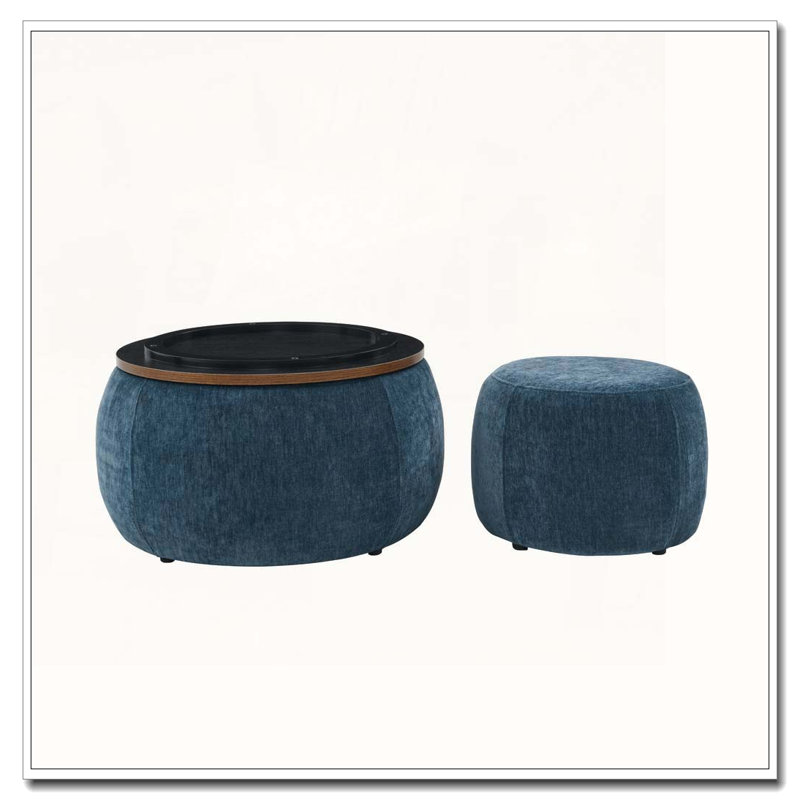 2-Piece Set Round Chenille Storage Ottoman, Equipped with a Drum Shaped Small Stool, Dark Blue