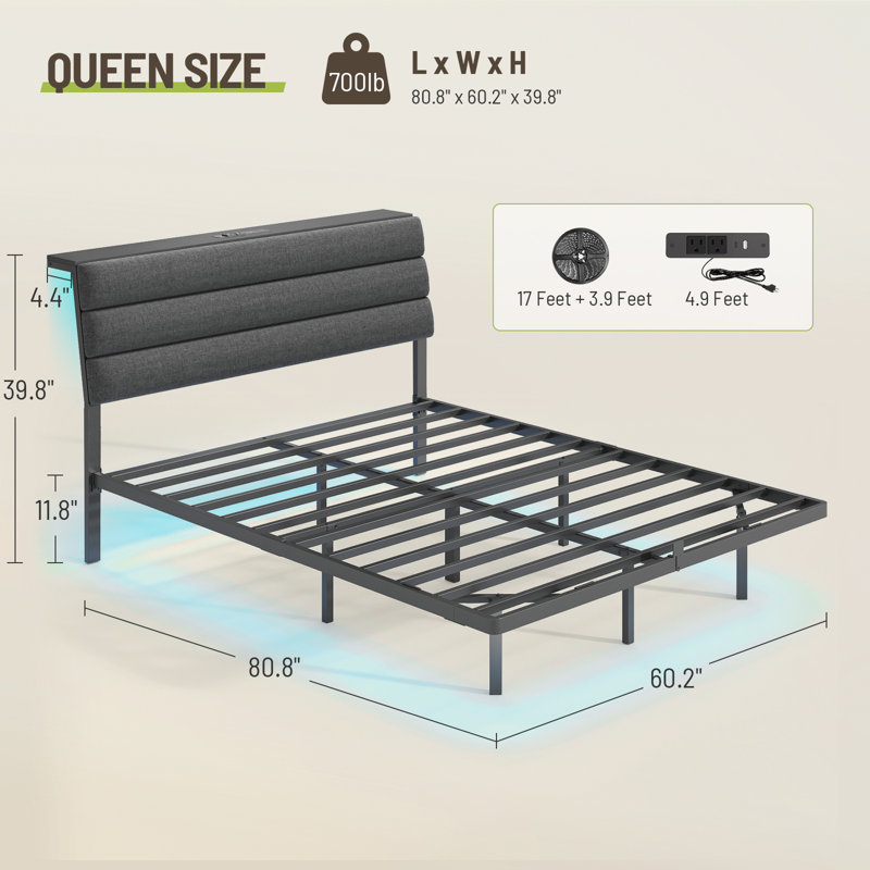 Floating Bed Frame with LED Lights, Visual Floating Bed With Charing Station, Metal Platform Bed With Stable Structure, Queen