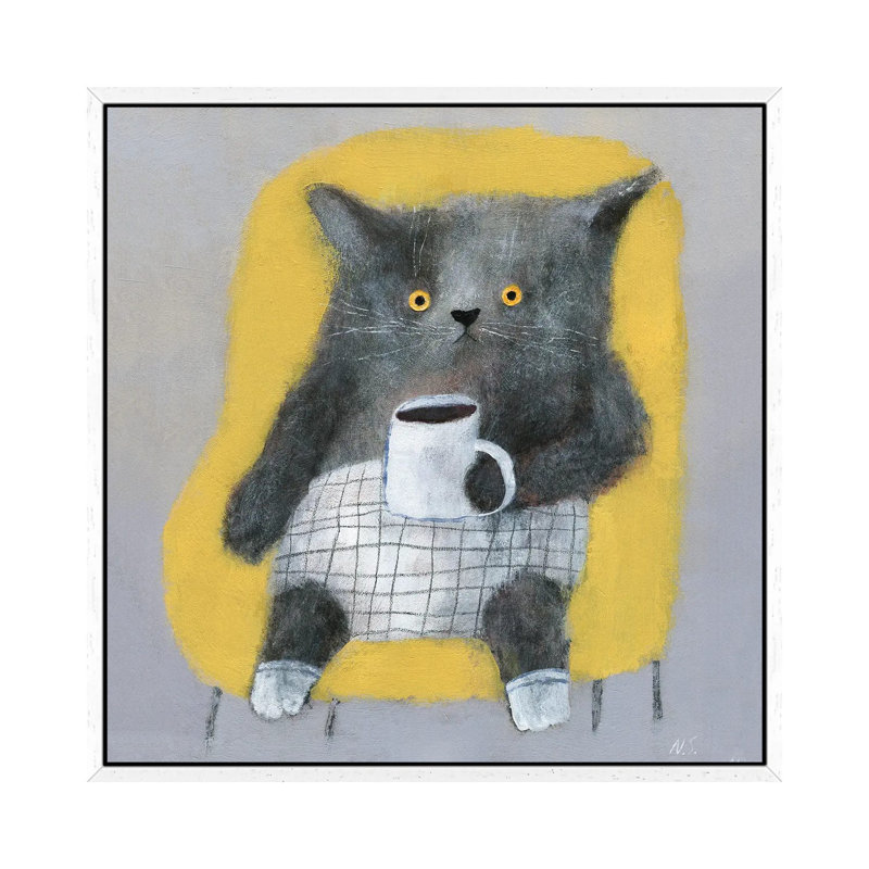 The Cat In The Yellow Chair by Natalia Shaloshvili - Painting on Canvas, White Framed, 93.98cm H x 93.98cm W x 3.81cm D