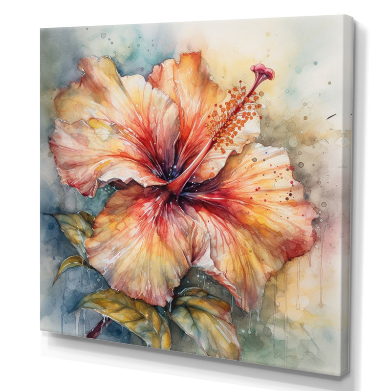 Hibiscus Euphoria II gris orange de Rrahim - art mural hibiscus, H 24 po x l 24 po, Toile tendue