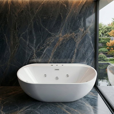 Baignoire tourbillon autoportante ovale 67 po en acrylique blanc avec souffleur d'air à vitesse réglable et interrupteur de commande d'air
