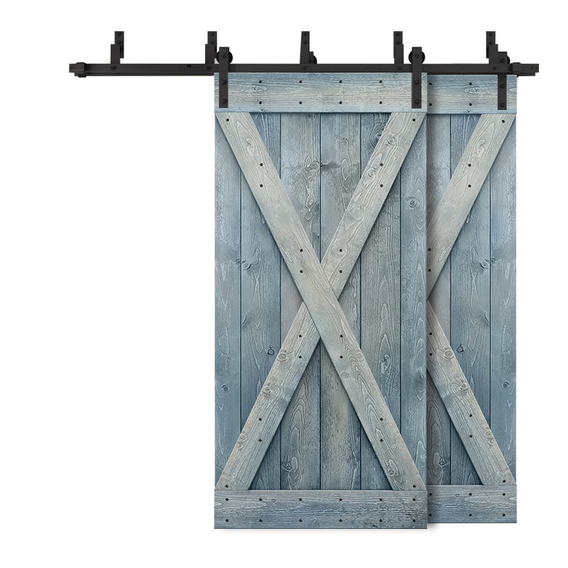 Ensemble de quincaillerie d'installation de porte de grange en bois lambrissé et en métal peint, 42 po x 84 po, Bleu denim