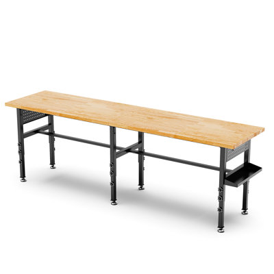 96" Adjustable Workbench With Side Pegboard, Solid Wood Top, 2000 Lbs Capacity, Adjustable Height Garage Work Table With Power Outlet, Storage Box, Wheels Or Leveling Feet