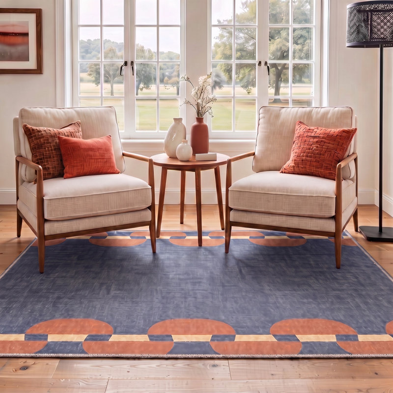 Tapis géométrique bleu / orange lavable à la machine avec envers antidérapant, Rectangle 5 pi x 7 pi