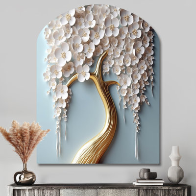 White Orchid Tree Garden Of Branches VI - Asymmetrical Tree Floral Metal Art, Arch Metal Wall Sculpture Print