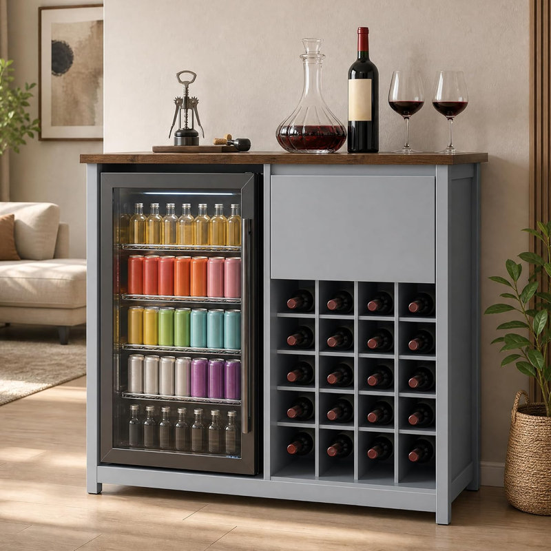 Armoire à café et à collation de 41,7 pouces avec mini-réfrigérateur, prise de courant intégrée et 3 tiroirs ouverts, bleu-gris