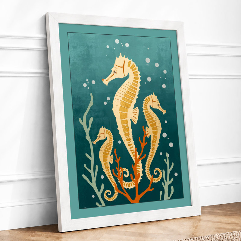 Golden Seahorses Rising Coastal - Framed Print, A1 - 84.1 x 59.4 cm, White