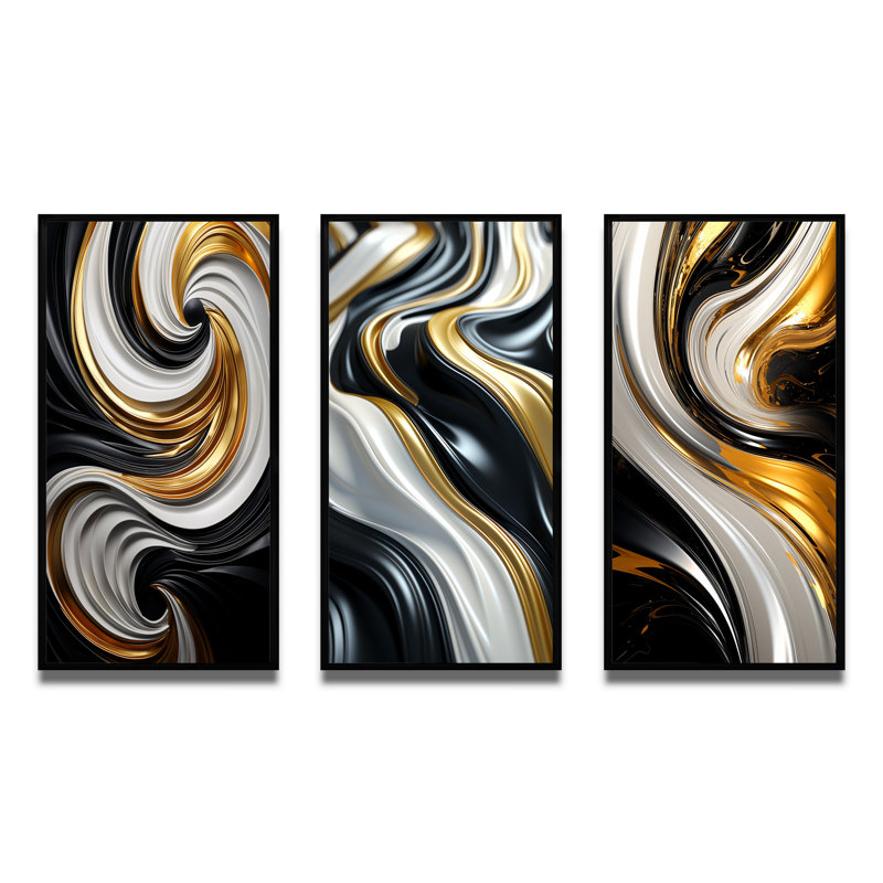 Liquide or noir et blanc tourbillonnant dimension - spirales abstraites ensemble d'art de 3 pièces, Cadre flottant noir