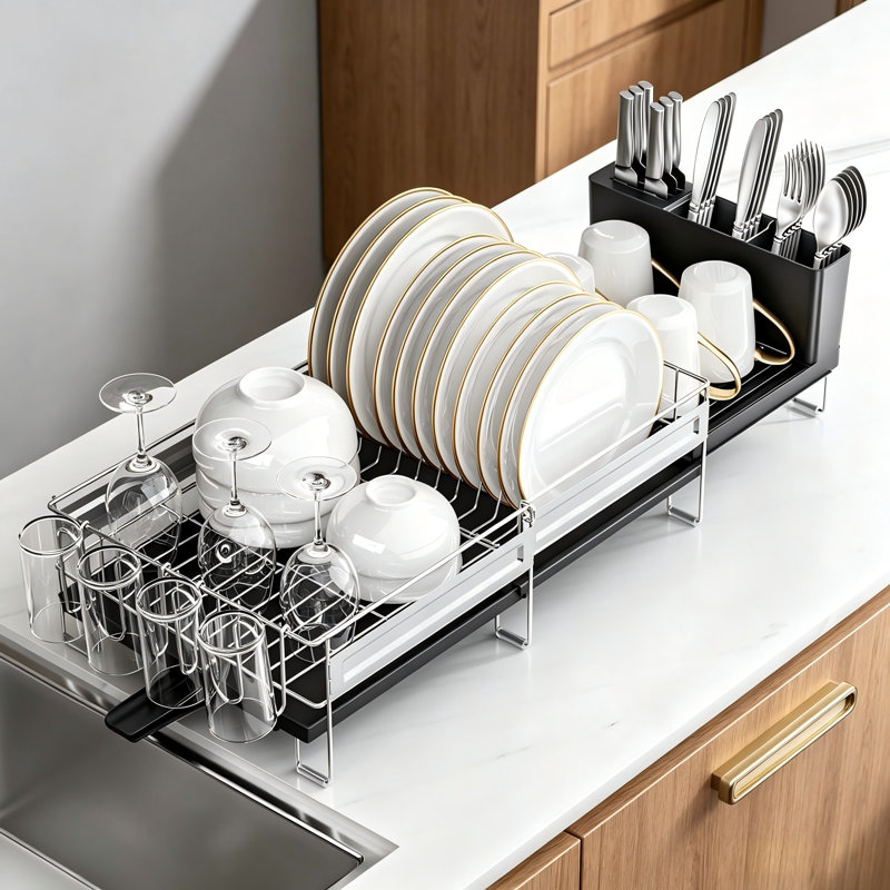 Expandable Stainless Steel Dish Drying Rack with Drain Board, Black