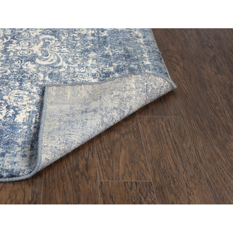 Tapis bleu/blanc en laine tissée à la machine Burkhardt, Tapis de couloir 2 pi 6 po x 8 pi
